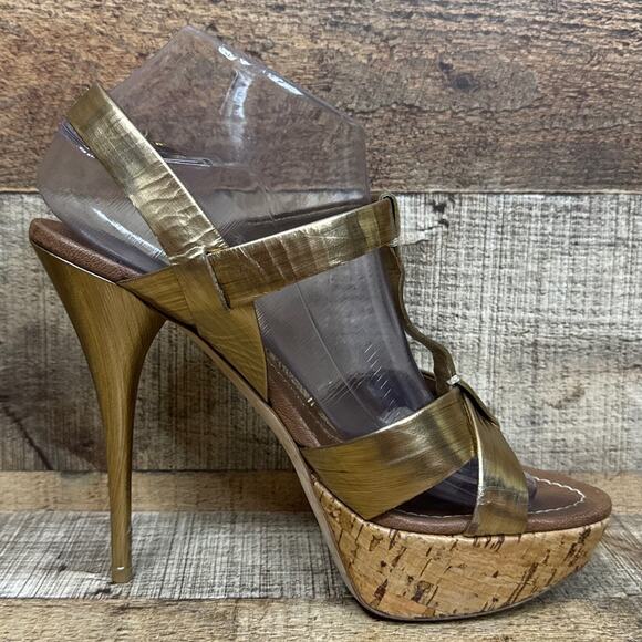 Miu Miu Gold Strappy Stiletto Open Toe Heels Cork Sole Size 39.5 9.5 - Picture 3 of 14